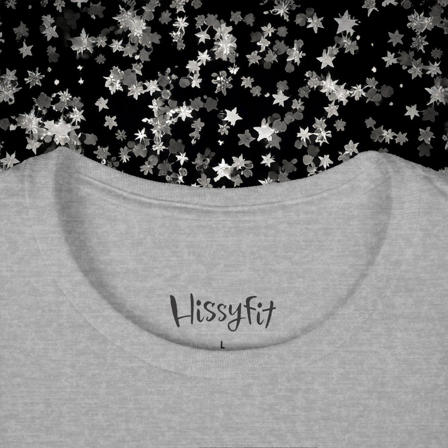 Gray t-shirt with 'Hissyfit' branding against a black background with silver stars.