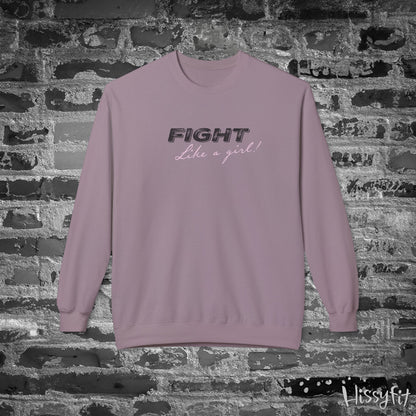 Light Purple sweatshirt with 'Fight Like a Girl' text on a brick wall background