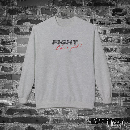 Light Gray sweatshirt with 'Fight Like a Girl' text on a brick wall, featuring the brand 'Hissyfit'.