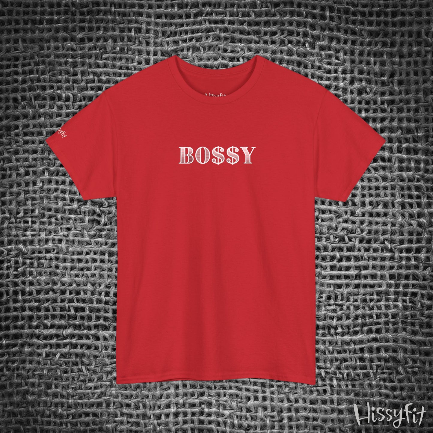 Red t-shirt with 'BOSSY' text on a textured gray background