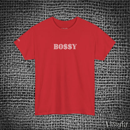 Red t-shirt with 'BOSSY' text on a textured gray background