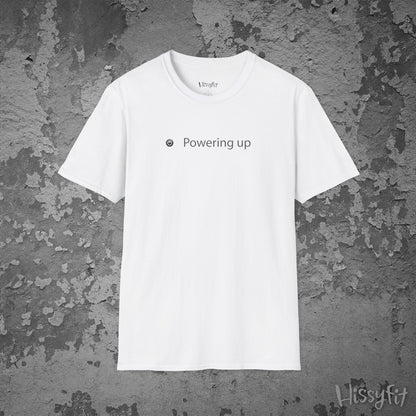 White t-shirt with 'Powering up' text on a textured gray background