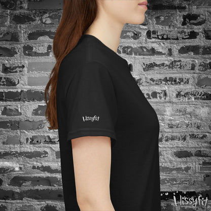 Person wearing a black t-shirt with 'Hissyfit' logo against a textured wall.