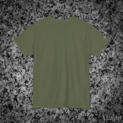Green t-shirt on a gray and black speckled surface with 'Hissyfit' branding.