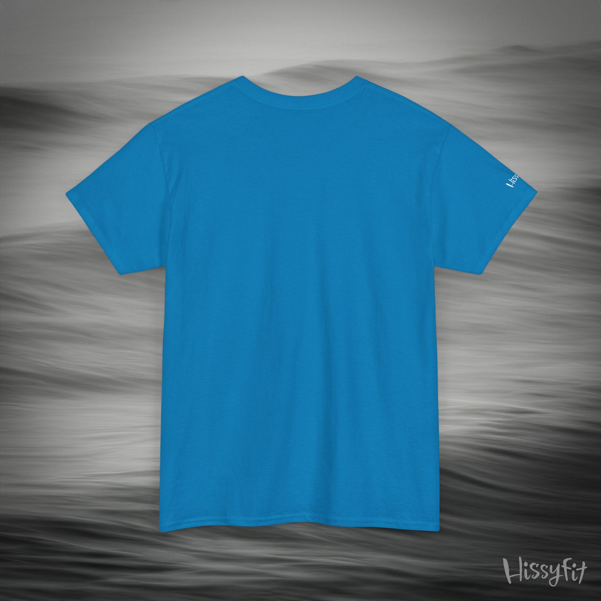 Blue t-shirt on a gray background with 'Hissyfit' branding.