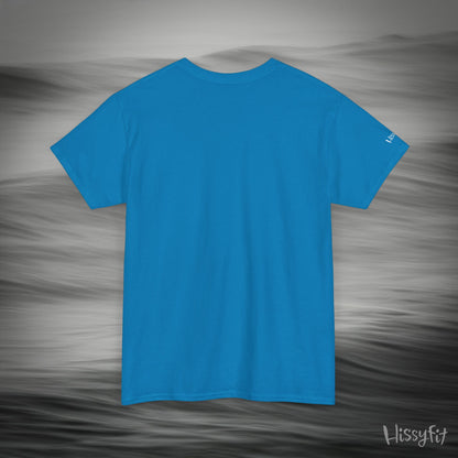 Blue t-shirt on a gray background with 'Hissyfit' branding.