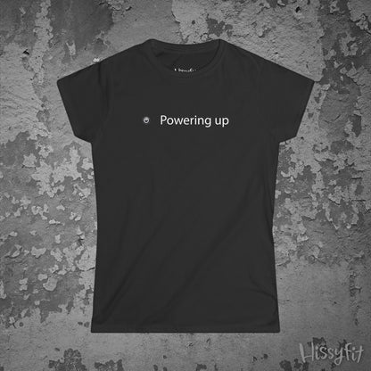 Black t-shirt with 'Powering up' text on a textured gray background