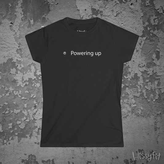 Black t-shirt with 'Powering up' text on a textured gray background