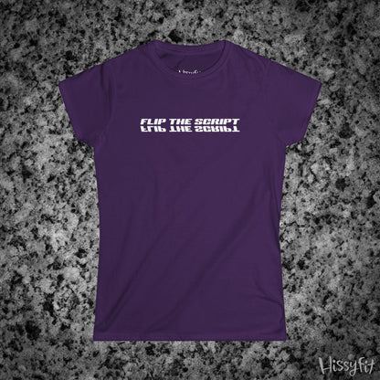 Purple t-shirt with text 'Flip the script' on a granite surface, featuring the brand 'Hissyfit'.