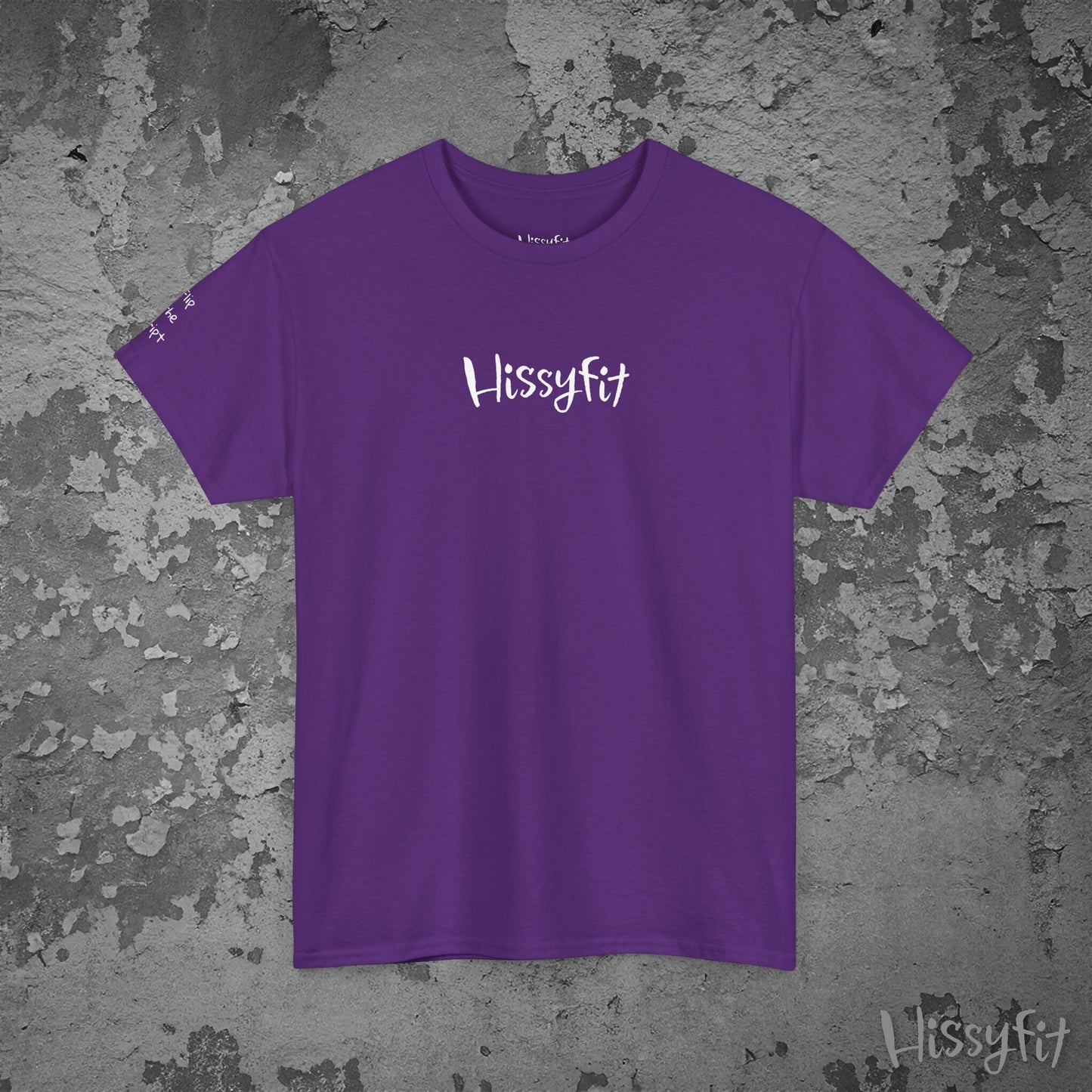 Purple t-shirt with 'Hissyfit' logo on a textured gray background