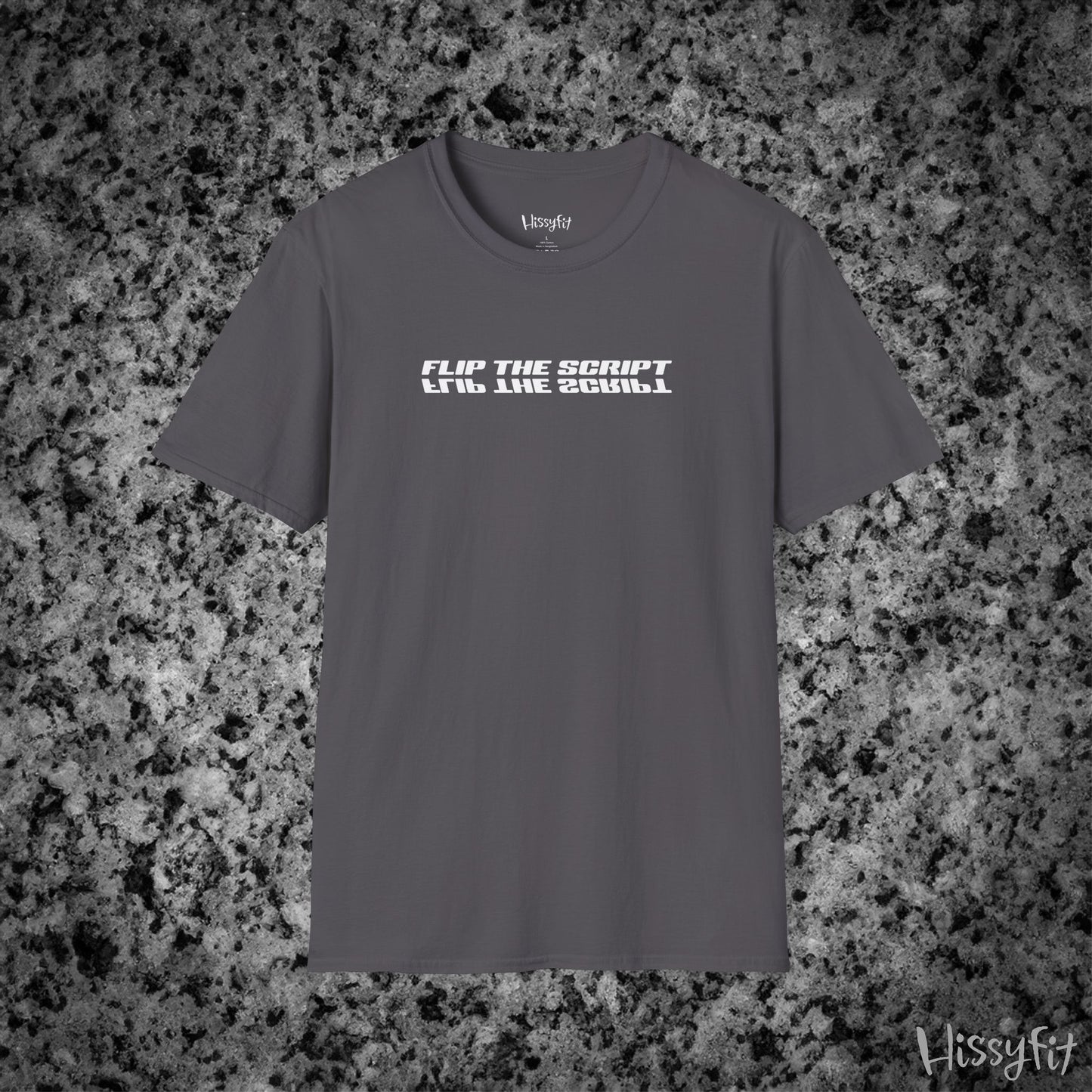 Gray t-shirt with 'FLIP THE SCRIPT' text on a gray and black speckled background