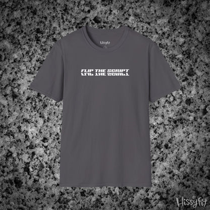Gray t-shirt with 'FLIP THE SCRIPT' text on a gray and black speckled background