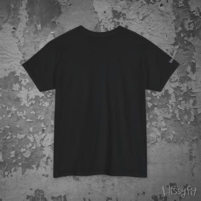 Black t-shirt on a textured gray background with 'Hissyfit' branding.