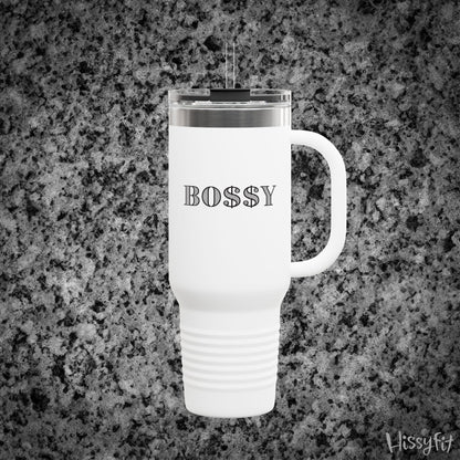 White travel mug with 'BOSSY' text on a gray granite surface, featuring the brand 'Hissyfit'.