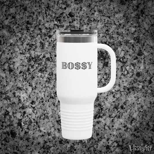 White travel mug with 'BOSSY' text on a gray granite surface, featuring the brand 'Hissyfit'.