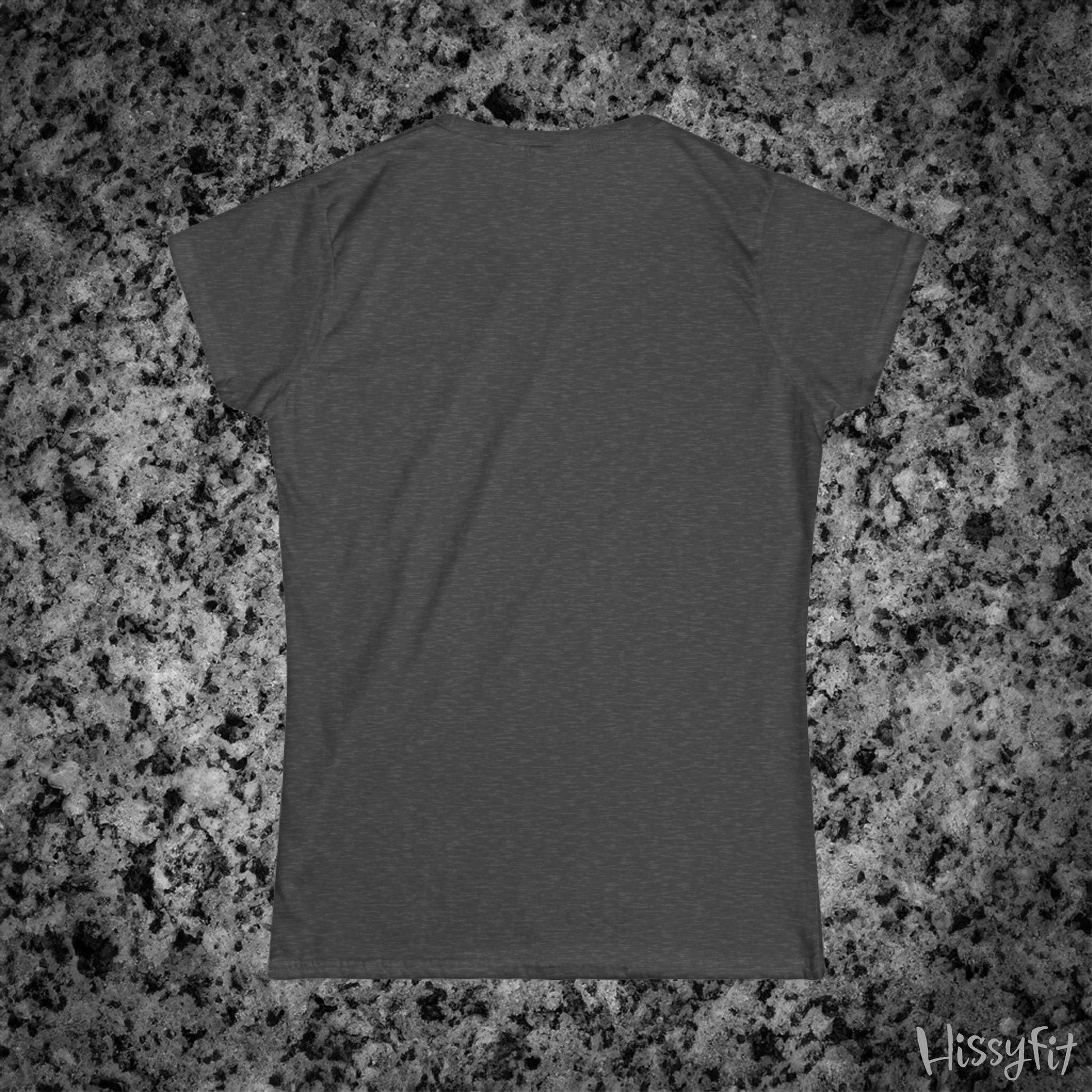 Gray t-shirt on a granite surface with 'Hissyfit' branding.