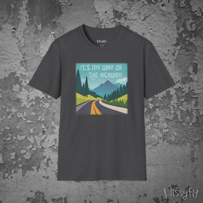 Gray t-shirt with a graphic design of a road and mountains and text 'It's my way or the highway' on a textured gray background