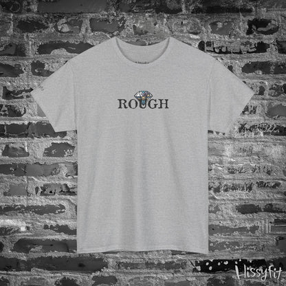 Gray t-shirt with 'ROUGH' text and diamond graphic on a brick wall background