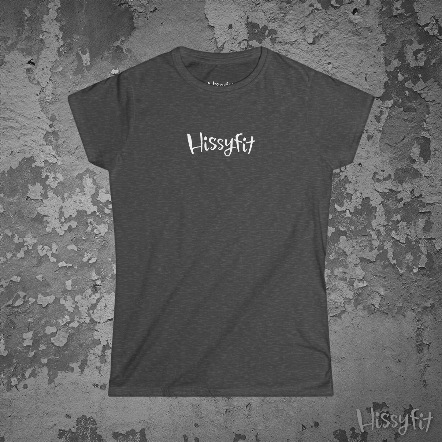 Dark gray t-shirt with 'Hissyfit' logo on a textured gray background