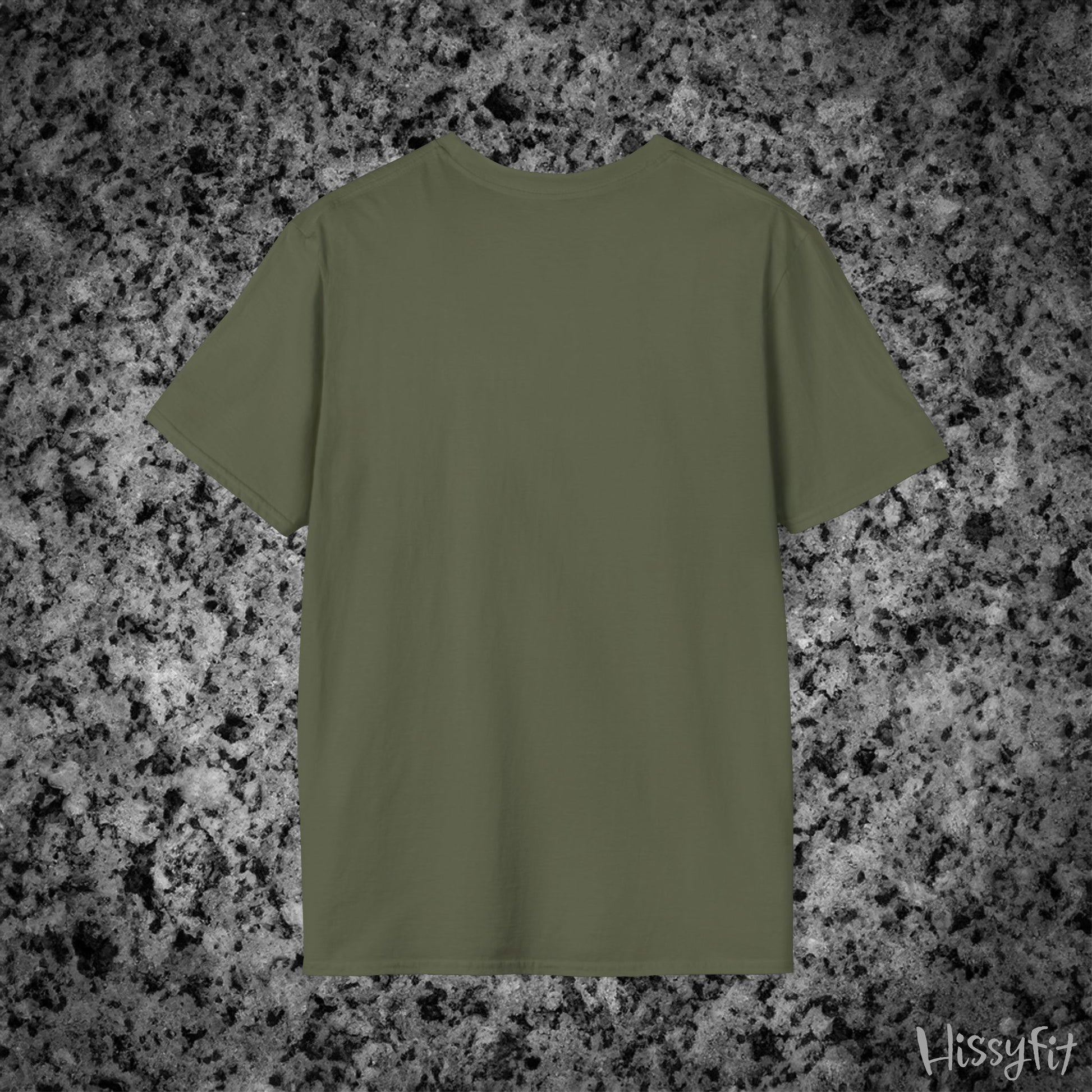 Green t-shirt on a gray granite surface with 'Hissyfit' branding.