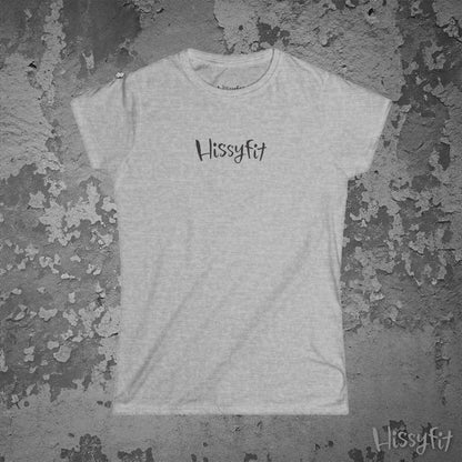 Light gray t-shirt with 'Hissyfit' logo on a textured gray background