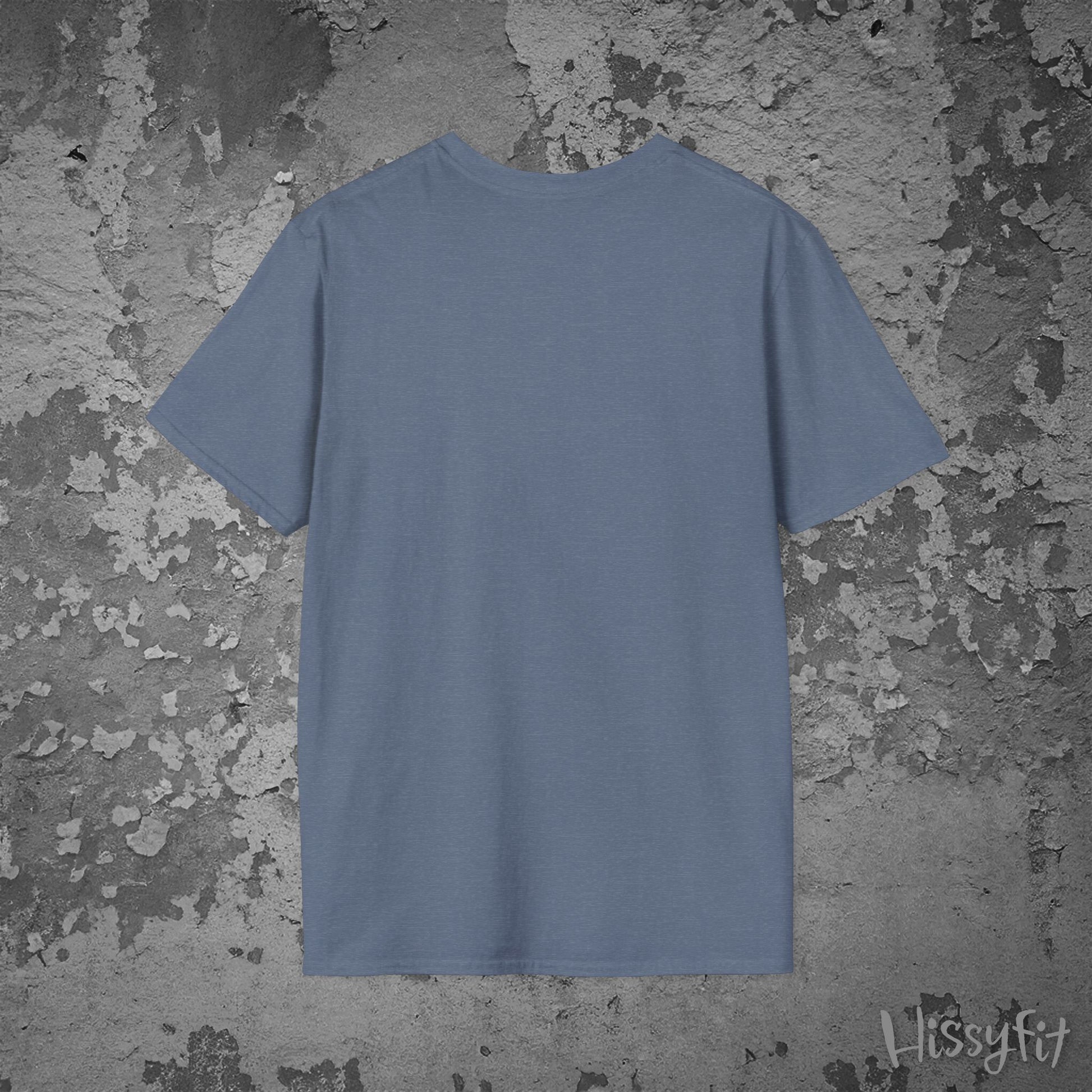 Plain blue t-shirt on a textured gray background