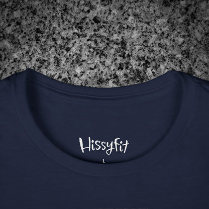 Navy blue t-shirt with 'Hissyfit' logo on a gray granite surface