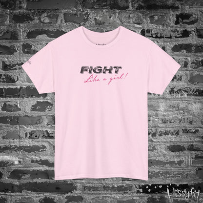 Light Pink t-shirt with 'Fight Like a Girl' text on a textured wall background