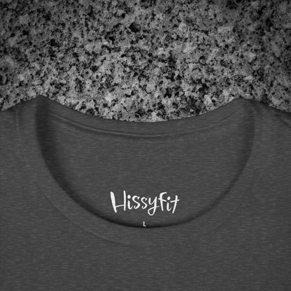 Dark gray t-shirt with 'Hissyfit' text on a granite surface