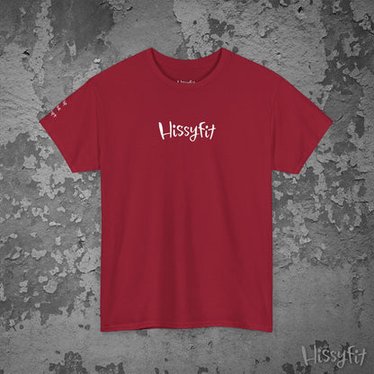 Red t-shirt with 'Hissyfit' logo on a textured gray background