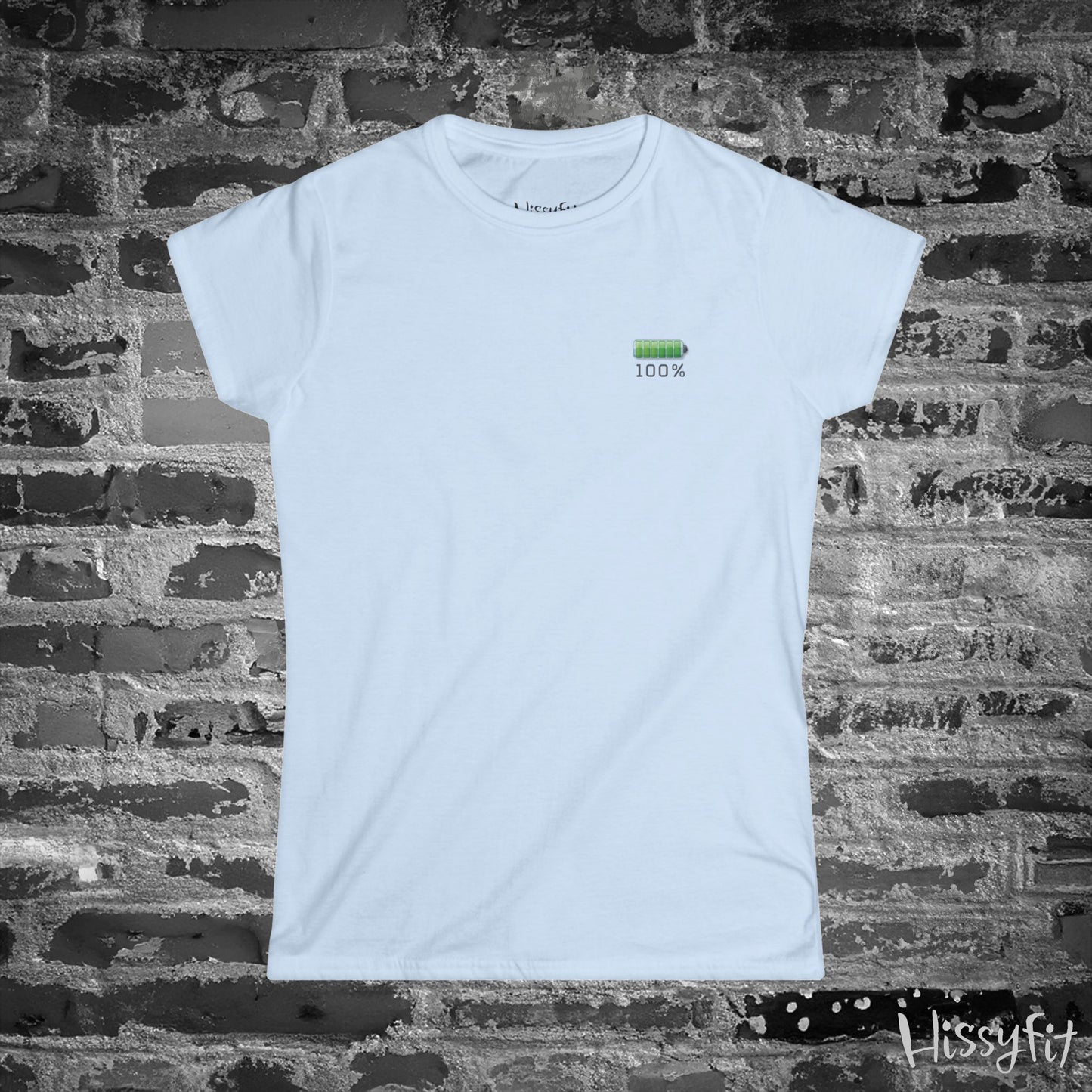 Light Blue t-shirt with a green battery symbol and '100%' charged on a brick wall background