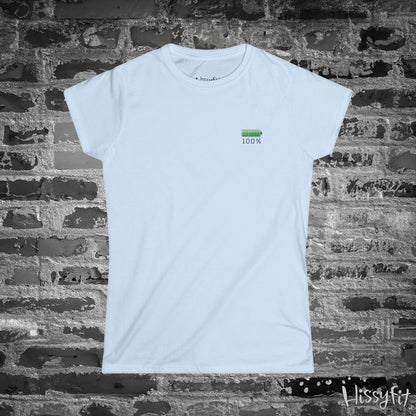 Light Blue t-shirt with a green battery symbol and '100%' charged on a brick wall background