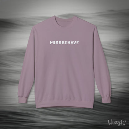 Purple sweatshirt with 'MISSBEHAVE' text on a gray background