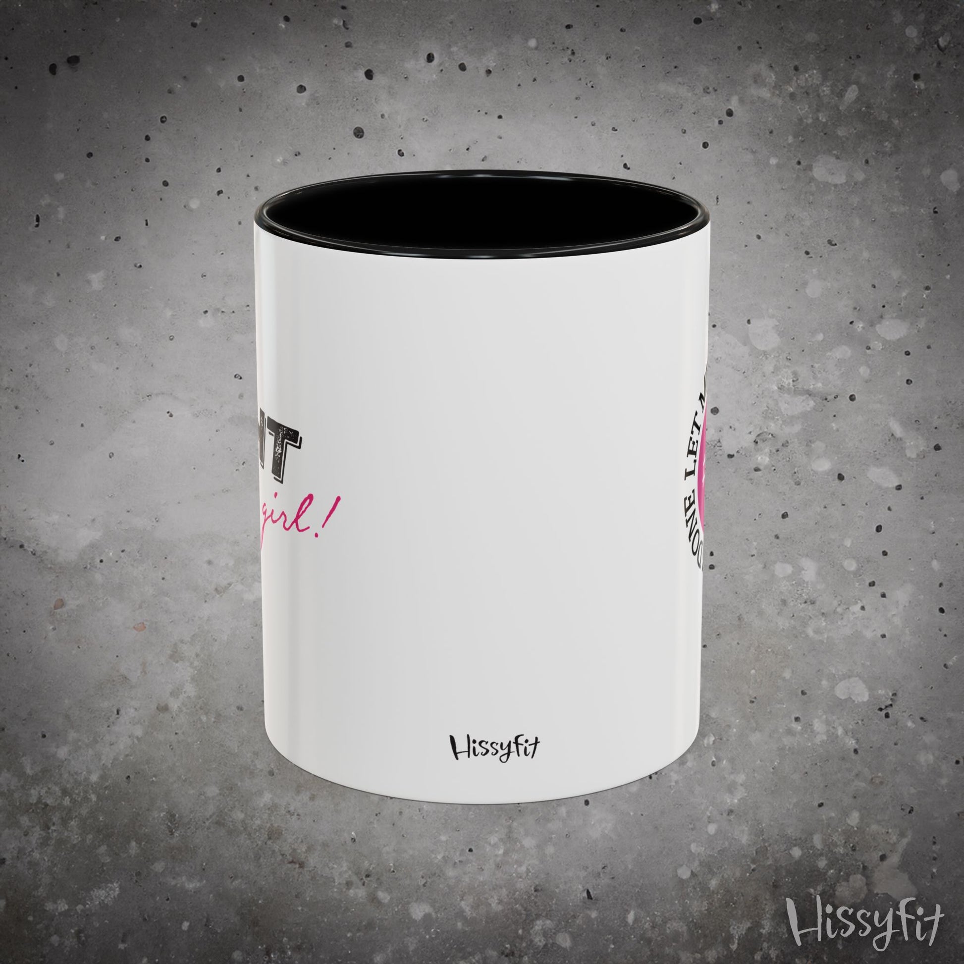 White mug with black interior on a gray textured background, featuring 'Hissyfit' branding.