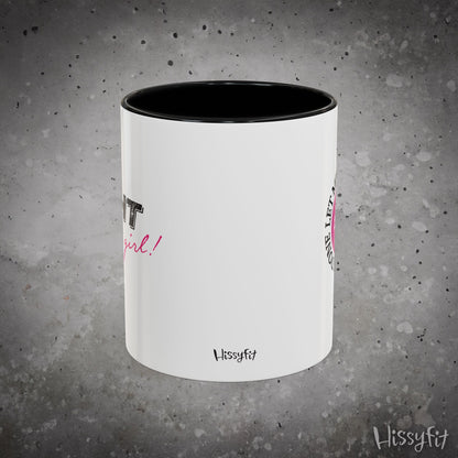 White mug with black interior on a gray textured background, featuring 'Hissyfit' branding.