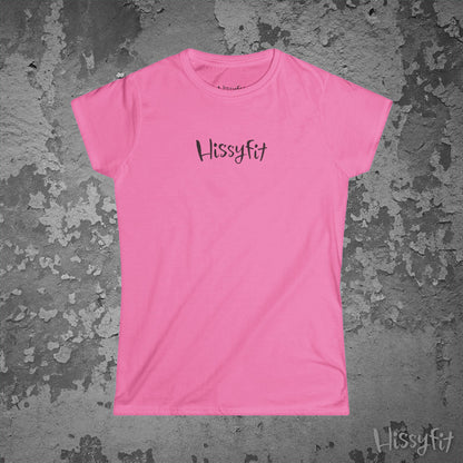 Pink t-shirt with 'Hissyfit' logo on a textured gray background