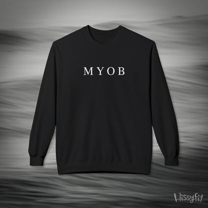 Black sweatshirt with 'MYOB' text on a gray background