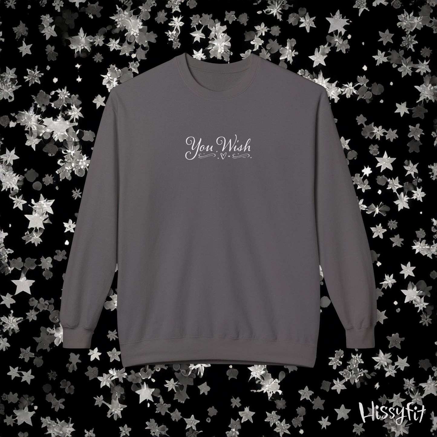 Gray sweatshirt with 'You Wish' text on a black background with star patterns
