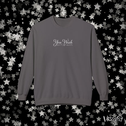 Gray sweatshirt with 'You Wish' text on a black background with star patterns