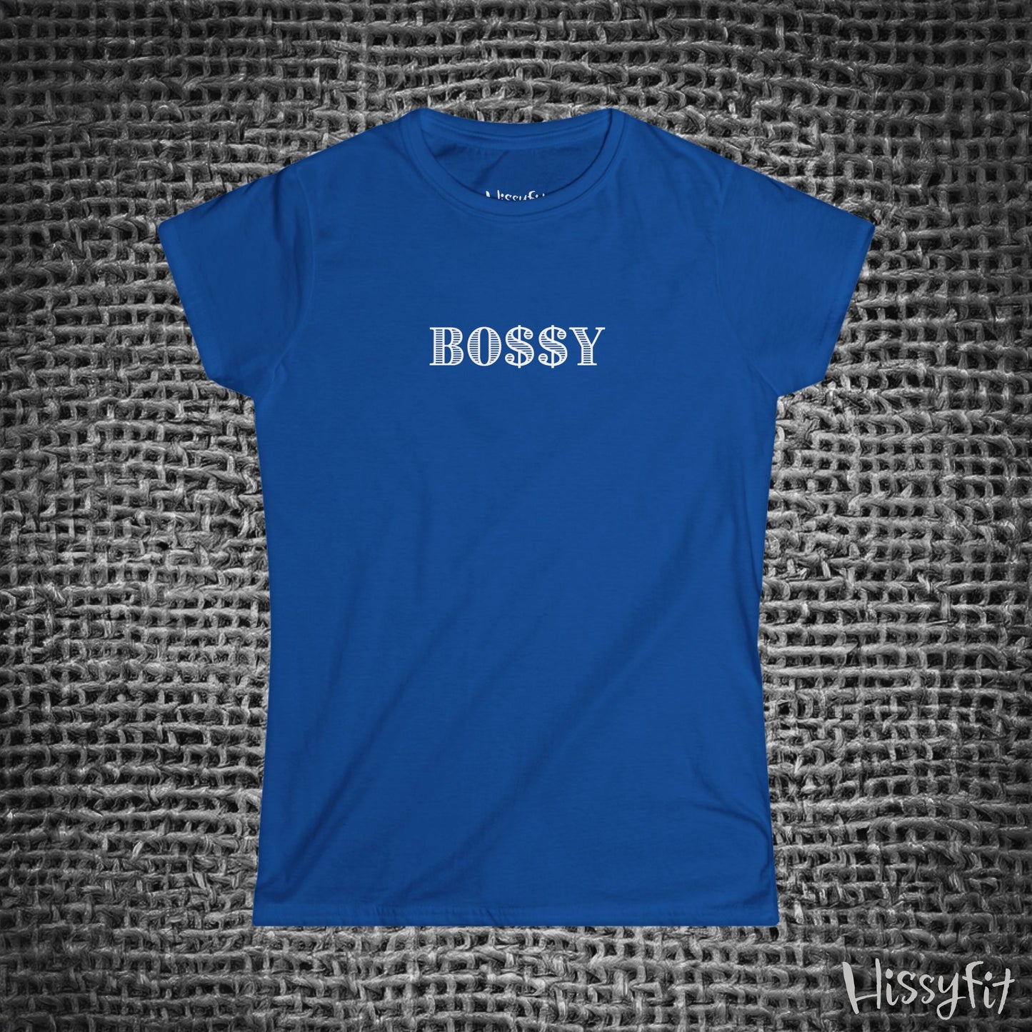 Blue t-shirt with 'BOSSY' text on a textured gray background
