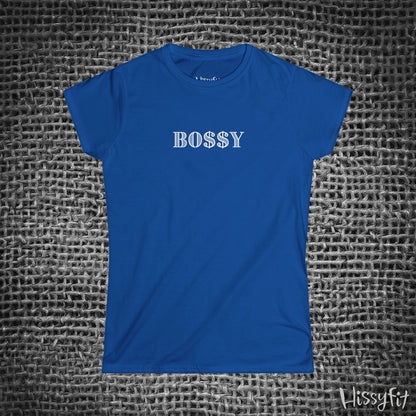 Blue t-shirt with 'BOSSY' text on a textured gray background