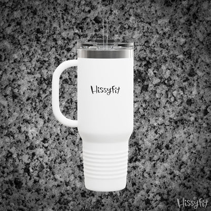 White travel mug with 'Hissyfit' branding on a gray granite surface