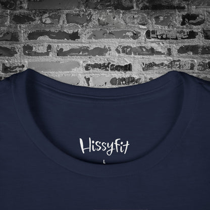 Navy blue shirt with 'Hissyfit' text on a brick wall background