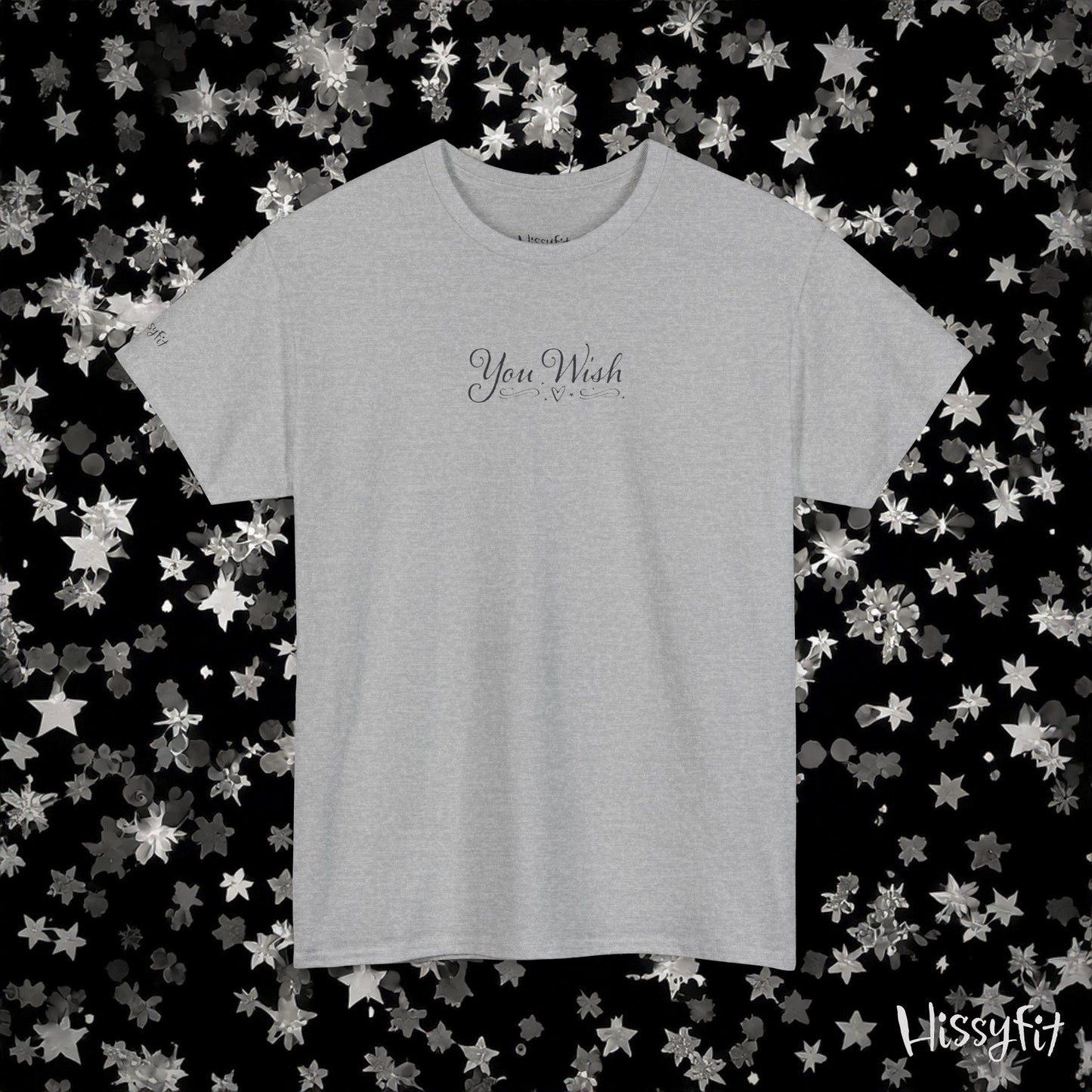 Gray t-shirt with 'You Wish' text on a black background with star patterns