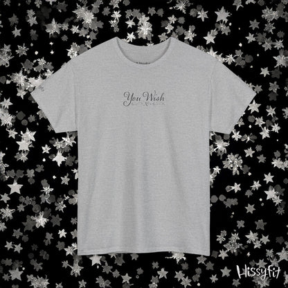 Gray t-shirt with 'You Wish' text on a black background with star patterns