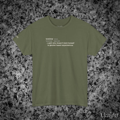 Green t-shirt with text 'Tomboy:definition' on a gray and black speckled background