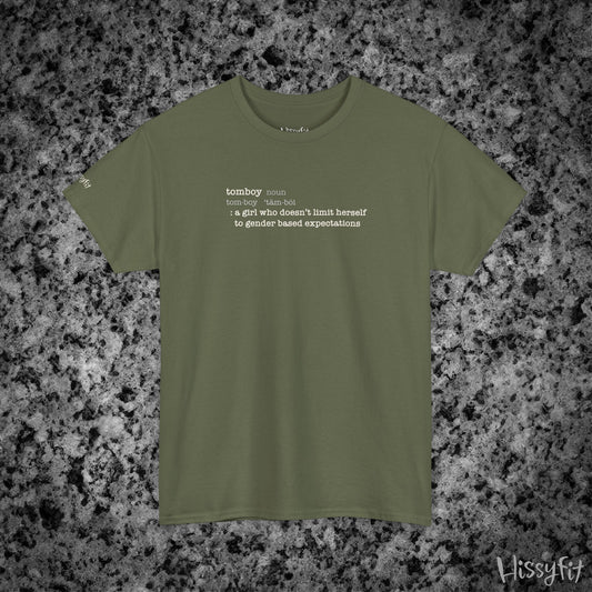 Green t-shirt with text 'Tomboy:definition' on a gray and black speckled background