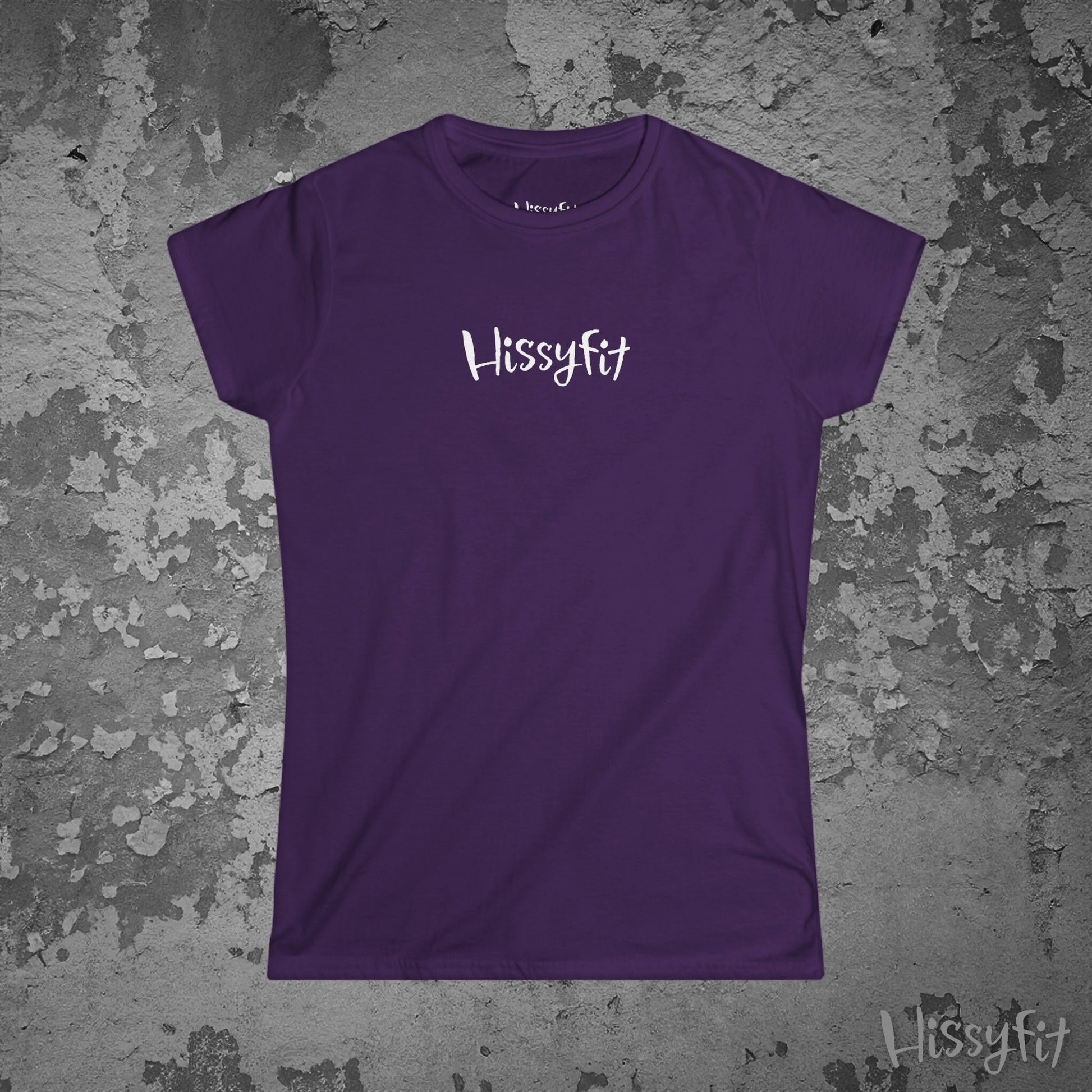 Purple t-shirt with 'Hissyfit' logo on a textured gray background