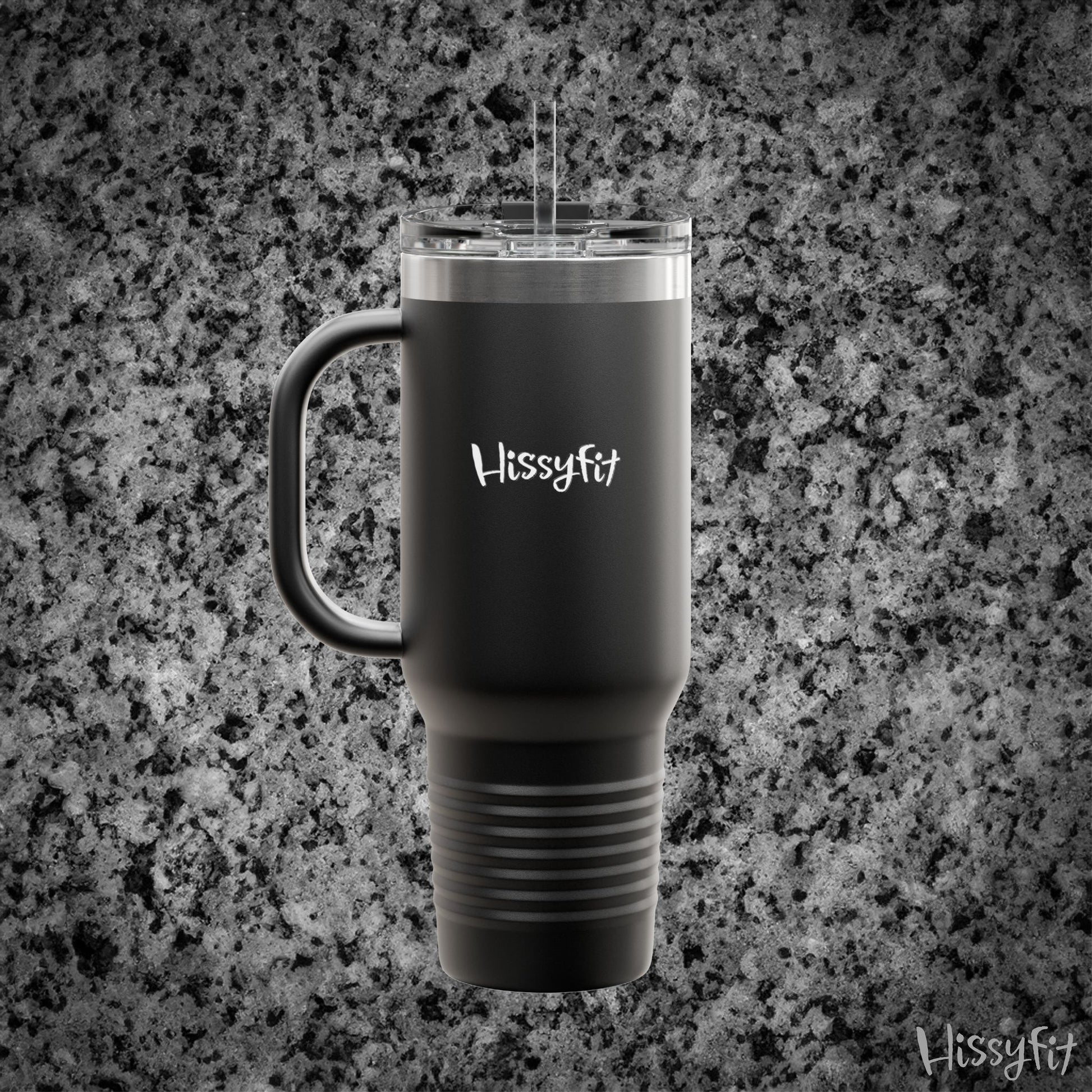 Black travel mug with 'Hissyfit' branding on a gray granite background