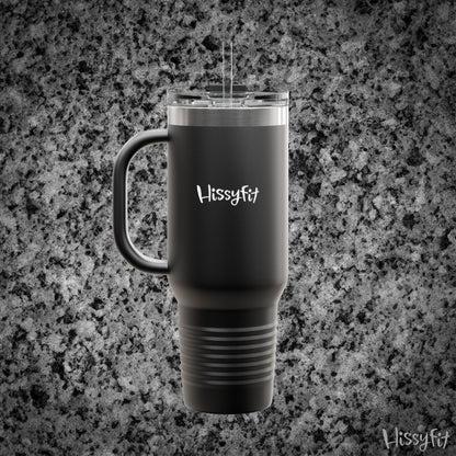 Black travel mug with 'Hissyfit' branding on a gray granite background